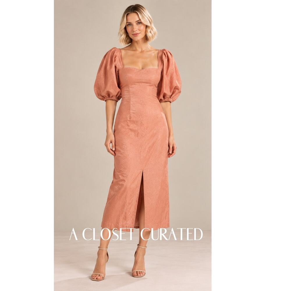 Eudon Choi Cotton Linen Puff Sleeve Midi Dress 2 Orange NEW
